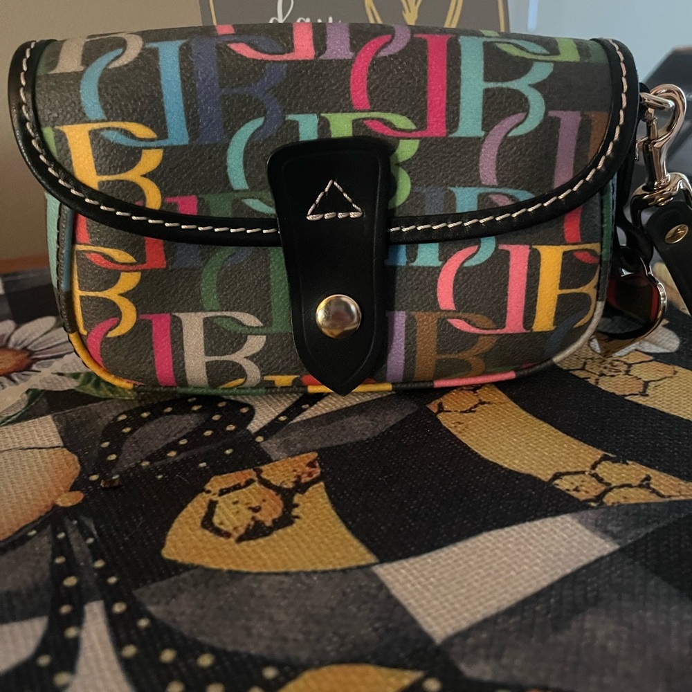 Y2K Dooney and Bourke rainbow scribble monogram flap wallet